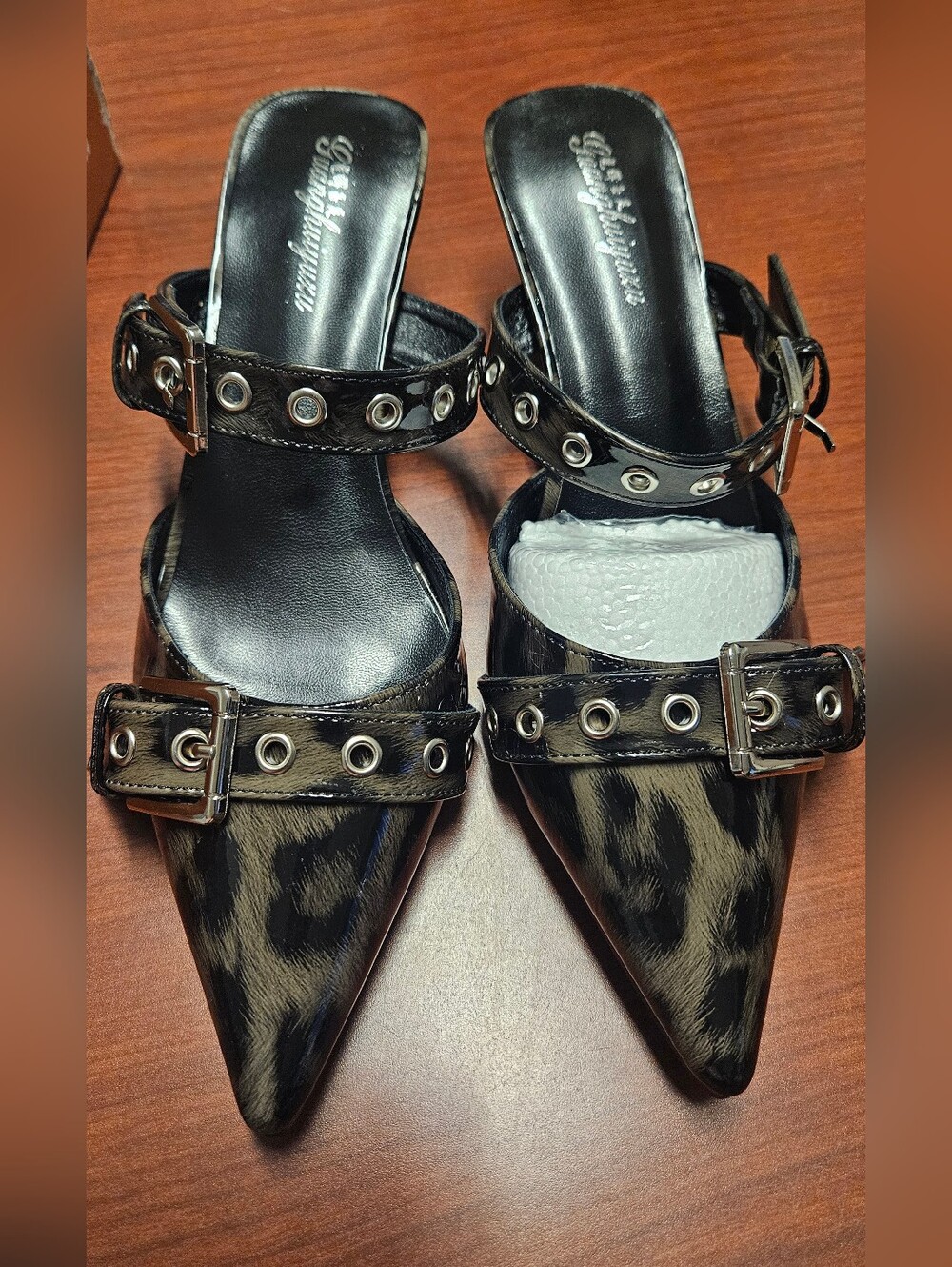 Black Leopard Print Pointed Buckle Heels